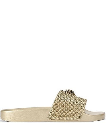 Image of Kurt Geiger London Meena Metallic Rhinestone Embellished Logo Ornament Pool Slides