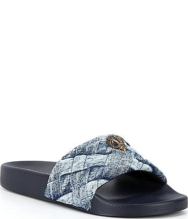 Image of Kurt Geiger London Meena Eagle Ornament Quilted Denim Pool Slides