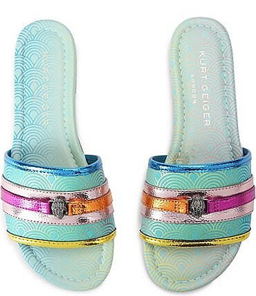 Image of Kurt Geiger London Southbank Printed Canvas Logo Ornament Flat Slide Sandals