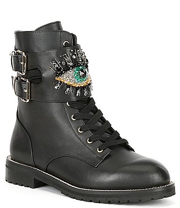 Image of Kurt Geiger London Sutton Embellished Eye Buckle Detail Leather Booties