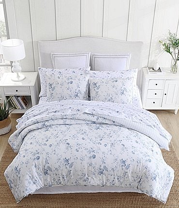 Image of Laura Ashley Belinda Blue Cottage Rose Print Booms Reversible Comforter Mini Set