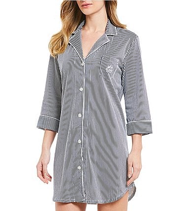 Image of Lauren Ralph Lauren Classic Notch Collar 3/4 Sleeve Striped Cotton Nightshirt