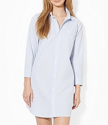 Image of Lauren Ralph Lauren Stripe Point Collar 3/4 Sleeve Button Front Nightshirt