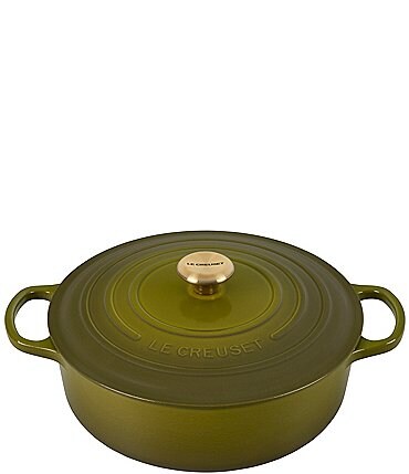 Image of Le Creuset Enameled Cast Iron Signature Round Wide Dutch Oven with Gold Knob, 6.75 qt.- Olive