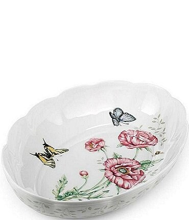 Image of Lenox Butterfly Meadow Floral Scalloped Porcelain Oval Baker