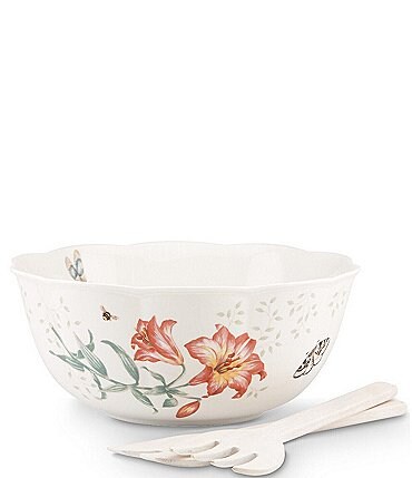Image of Lenox Butterfly Meadow Salad Bowl with Wood Servers