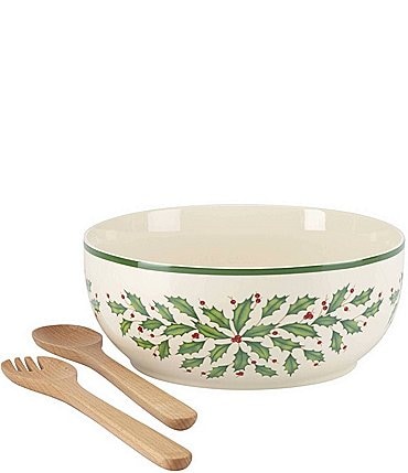 Image of Lenox Holiday Holly Salad Bowl with Wooden Spoons