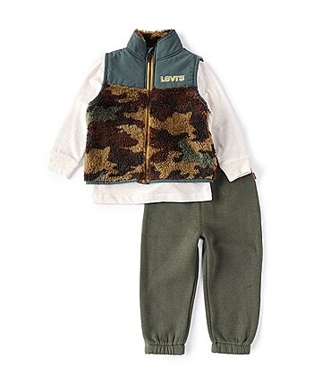 Image of Levi's® Baby Boys 12-24 Months Long Sleeve Graphic Tee, Camo Print Vest, & Fleece Jogger Pants 3-Piece Set