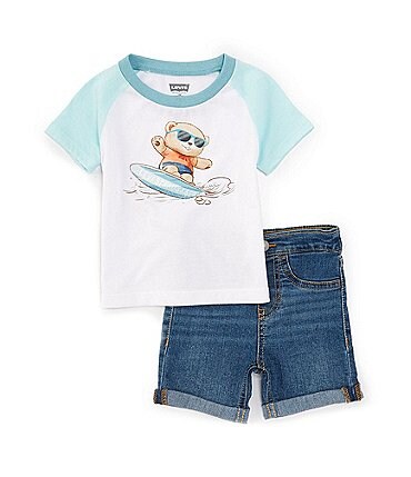 Image of Levi's® Baby Boys 12-24 Months Raglan Sleeve Surf Bear Color Block T-Shirt & Denim Shorts Set