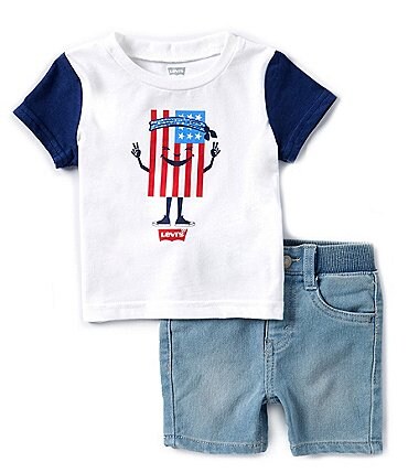 Image of Levi's® Baby Boys 12-24 Months Short Sleeve Americana Jersey T-Shirt & Denim-Look Dobby Shorts Set