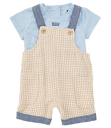 Image of Levi's® Baby Boys 3-9 Months Sleeveless Gingham Linen-Blend Canvas Shortall & Short Sleeve Jersey T-Shirt Set