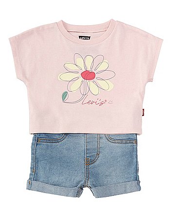 Image of Levi's® Baby Girls 12-24 Months Dolman-Sleeve Floral Graphic Jersey T-Shirt & Denim-Look Stretch Sateen Shorts Set