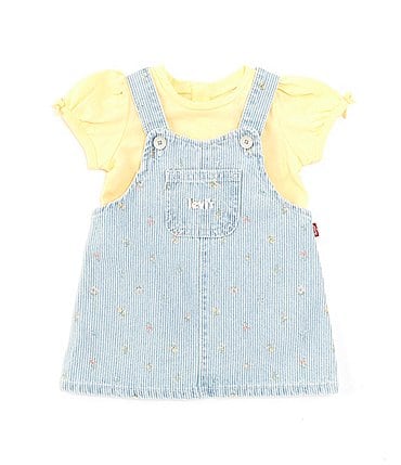 Image of Levi's® Baby Girls Newborn-24 Months Short Puffed Sleeve Jersey Bodysuit & Sleeveless Printed Denim Jumper Dress Set