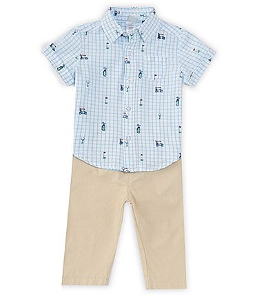 Image of Little Me Baby Boys 3-12 Months Golf Short Sleeve Woven Shirt & Solid Pant Set