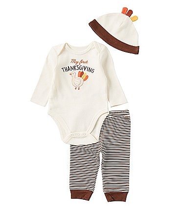 Image of Little Me Baby Boys 3-12 Months Long Sleeve My First Thanksgiving Turkey-Motif Bodysuit & Striped Pant Set