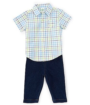 Image of Little Me Baby Boys 3-12 Months Plaid Short Sleeve Woven Shirt & Denim Pant Set