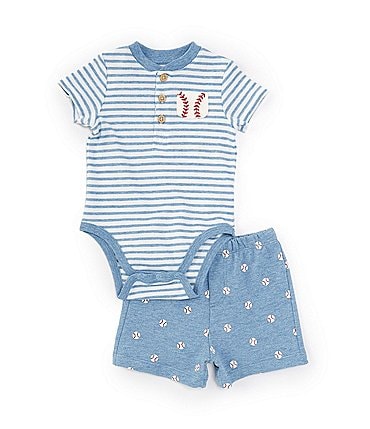 Image of Little Me Baby Boys 3-12 Months Short-Sleeve Baseball-Motif-Pocket Striped Knit Bodysuit & Baseball-Printed Knit Shorts Set