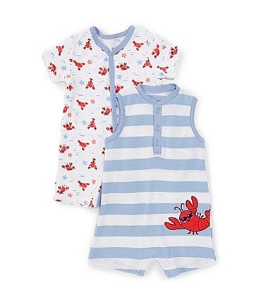 Image of Little Me Baby Boys 3-12 Months Short-Sleeve Lobster Print Shortall & Sleeveless Striped Lobster-Motif Shortall Two-Pack