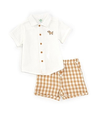 Image of Little Me Baby Boys 3-12 Months Short-Sleeve Puppy Motif Woven Shirt & Checked Woven Shorts Set