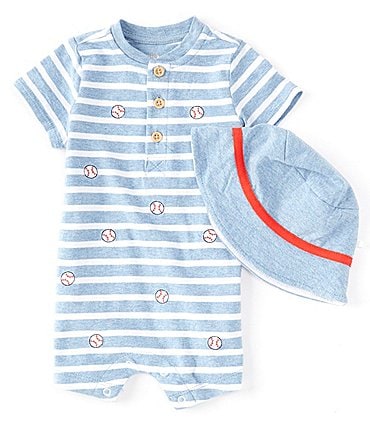 Image of Little Me Baby Boys 3-12 Months Short Sleeve Striped Baseball Shortall and Hat Set