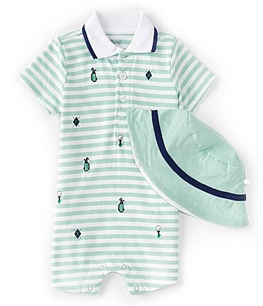 Image of Little Me Baby Boys 3-12 Months Short-Sleeve Striped Golf-Inspired Shortall and Hat Set