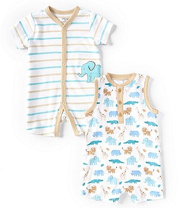 Image of Little Me Baby Boys 3-12 Months Short-Sleeve Striped/Sleeveless Safari-Printed Shortall 2-Pack