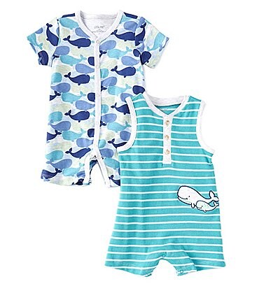 Image of Little Me Baby Boys 3-12 Months Short Sleeve/Sleeveless Striped Whale Print Shortall 2-Pack