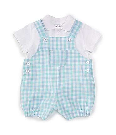 Image of Little Me Baby Boys 3-9 Months Gold Day Sleeveless Plaid Shortalll & Short-Sleeve Solid Shirt Set