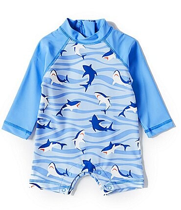 Image of Little Me Baby Boys 6-24 Months Raglan Sleeve Shark Print Rashguard Swim Suit