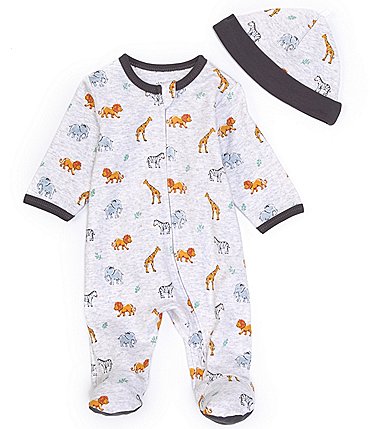 Image of Little Me Baby Boys Newborn-9 Months Jungle Pals Zip Footed Coverall & Hat Set