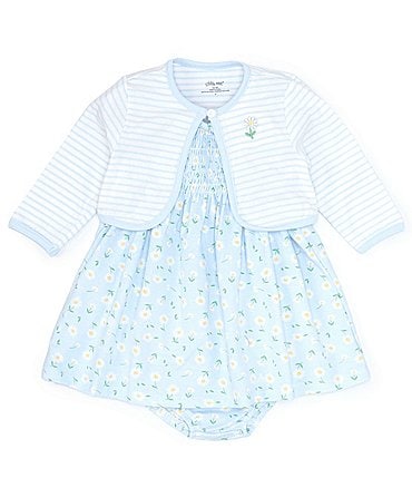 Image of Little Me Baby Girls 12-24 Months Long Sleeve Striped Cardigan & Short Sleeve Daisy Floral Smocked Fit & Flare Dress Set