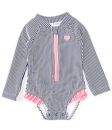 Image of Little Me Baby Girls 12-24 Months Long-Sleeve Striped Rashguard 1-Piece Swimsuit