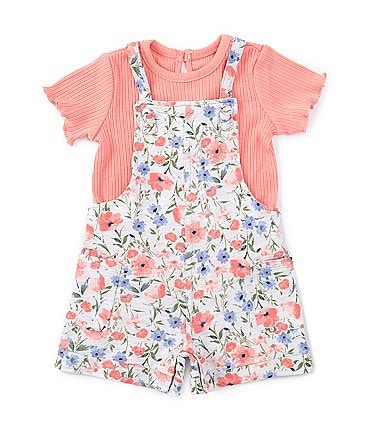 Image of Little Me Baby Girls 12-24 Months Sleeveless Floral-Printed Knit Romper & Short-Sleeve Solid Rib-Knit T-Shirt Set