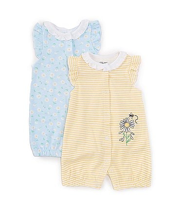 Image of Little Me Baby Girls 3-12 Months Flutter-Sleeve Allover Daisy Print Romper & Striped Daisy Motif Romper Two-Pack