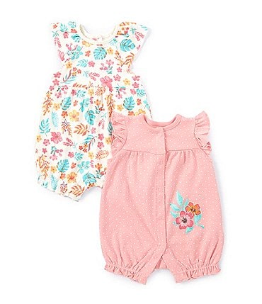 Image of Little Me Baby Girls 3-12 Months Flutter-Sleeve Floral Leaf Printed Romper & Pindot Floral Motif Romper Two-Pack