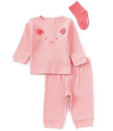 Image of Little Me Baby Girls 3-12 Months Long Sleeve Bear Face Waffle-Knit Sweatshirt & Matching Jogger Pant Set