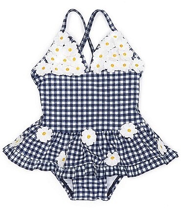 Image of Little Me Baby Girls 3-24 Months Daisy Gingham Print Skirted 1-Piece Swimsuit