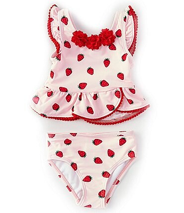 Image of Little Me Baby Girls 6-24 Months Flutter-Sleeve Strawberry-Printed Swim Top & Hipster Bottom Two-Piece Swimsuit