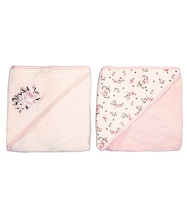 Image of Little Me Baby Girls Floral Embroidered Motif/Vintage Rose Printed Hooded Towel 2-Pack
