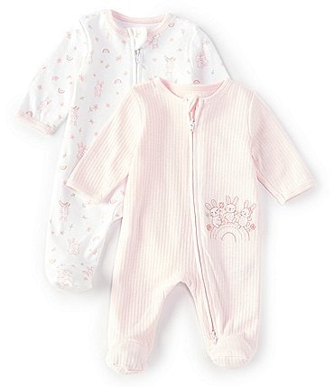 Image of Little Me Baby Girls Newborn-9 Months Bunny Fun Long-Sleeve Footed Coverall 2-Pack