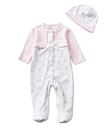 Image of Little Me Baby Girls Preemies-9 Months Baby Bunnies Pieced Footed Coverall and Hat Set