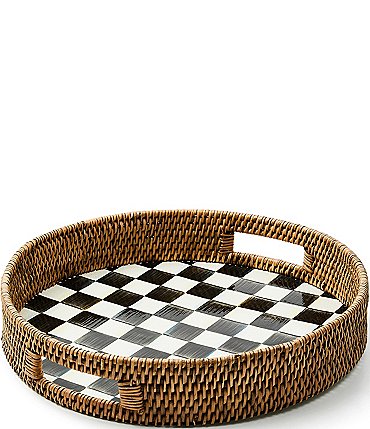 Image of MacKenzie-Childs Check Enamel & Rattan Round Serving Tray