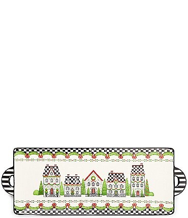 Image of MacKenzie-Childs Holiday Collection Holly Village Ceramic Rectangular Platter