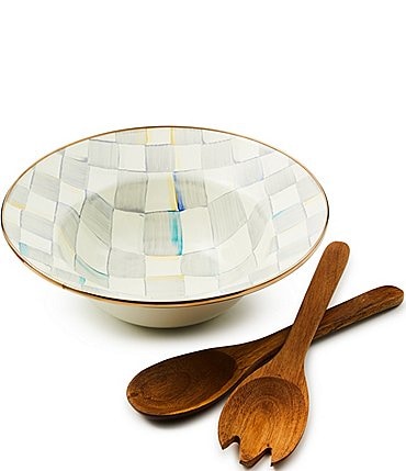 Image of MacKenzie-Childs Check Enamel Salad Serving Bowl & Wood Server Set