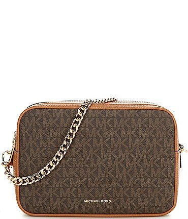 Image of Michael Kors Bryant Logo Medium Double Zip Chain Camera Contrast Trim Crossbody Bag