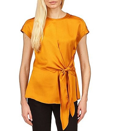 Image of MICHAEL Michael Kors Crew Neck Tie Waist Short Sleeve Blouse