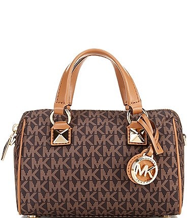 Image of Michael Kors Signature Logo Nylon Grayson Small Duffle Gold Metal Crossbody Bag