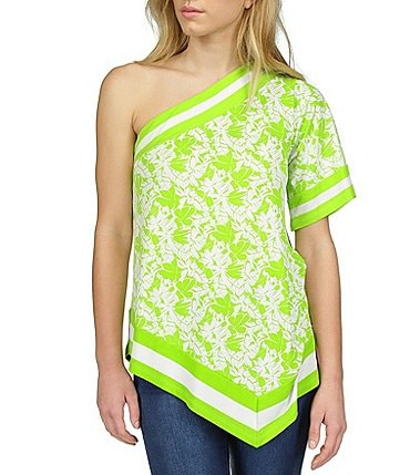 Image of Michael Kors Tropical Palm Print One Shoulder Sleeveless Blouse