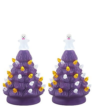 Image of Mr. Halloween LED Lighted 5.4" Ceramic Ghost Topper Purple Tree Halloween Mini Trees - Set of 2