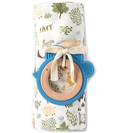 Image of Mud Pie Baby Boy Farm Print Muslin Swaddle Blanket & Teething Ring Set